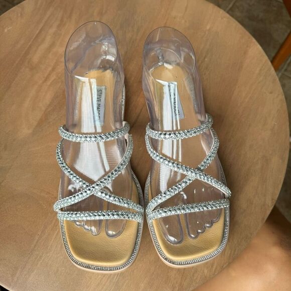 Steve Madden Spice Bling Slide Sandals Size 6 Rhinestone Silver Straps Shoes - Picture 7 of 10
